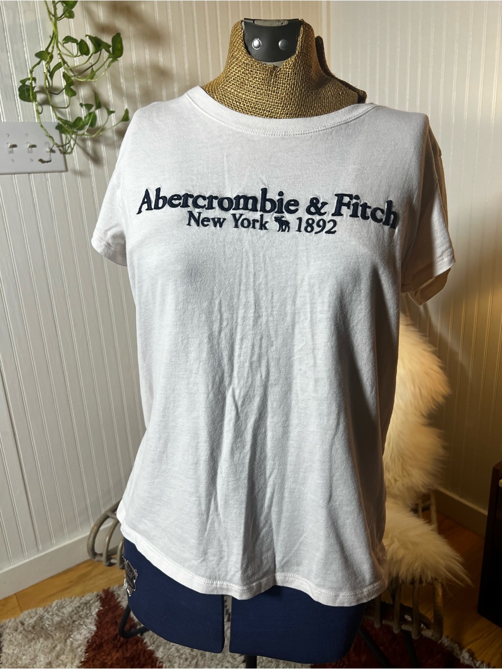 Abercrombie & Fitch Y2K White Tee with Navy Script Logo